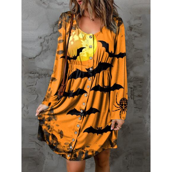 Full Size Halloween Theme Round Neck Long Sleeve Magic Dress - Picture 1 of 3